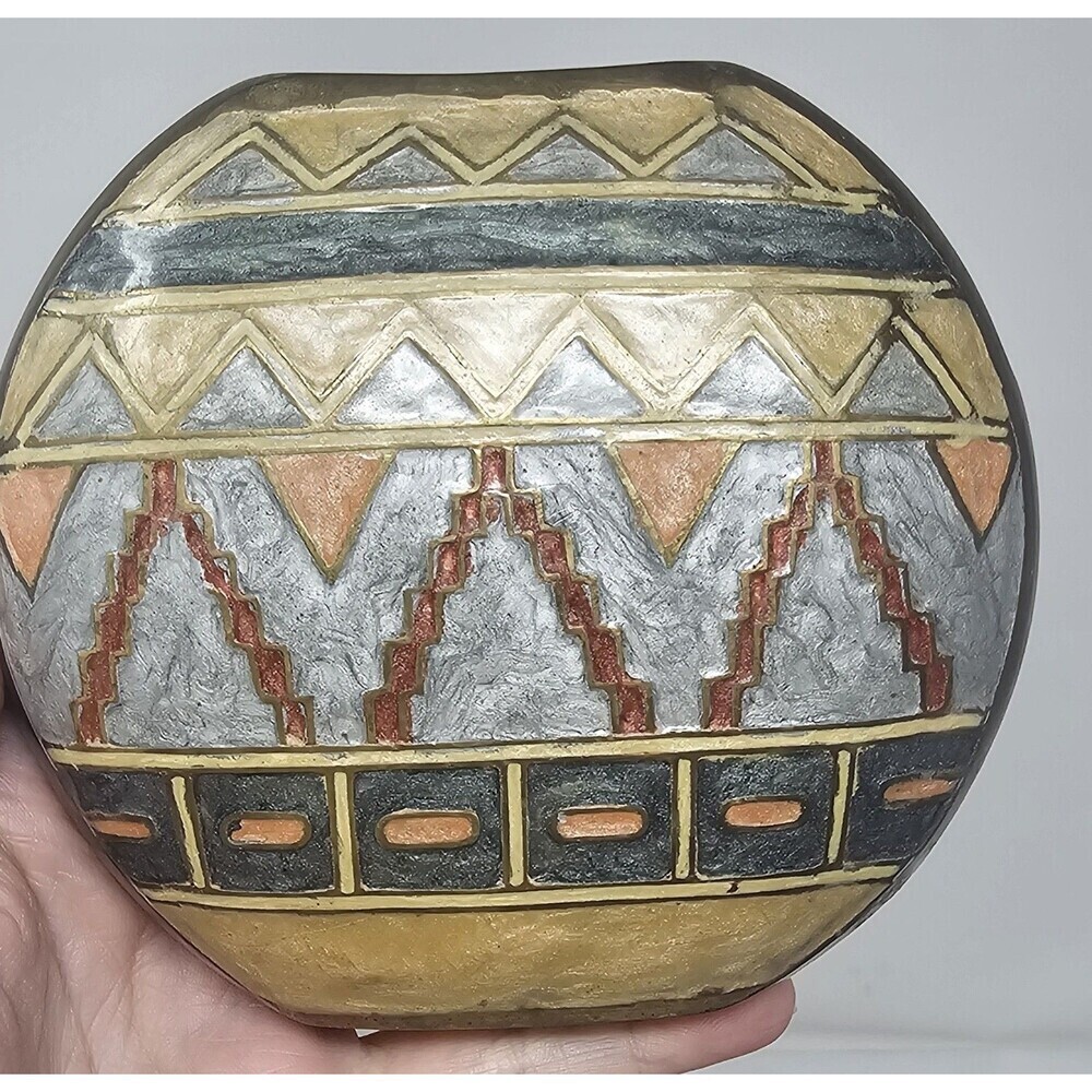 Vintage Small Geometric Enameled Painted Multicolor Brass Vase India 5"x5" - Picture 2 of 10